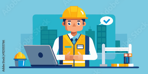 Set of character construction engineer in helmet and signal vest. Builder or foreman with a laptop, at desktop
