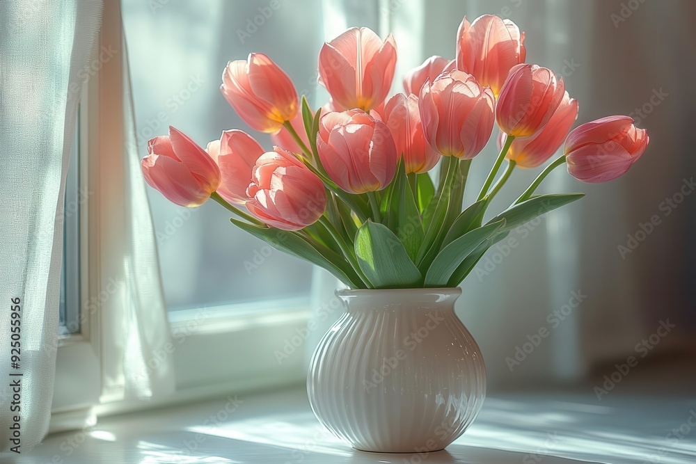 delicate pink tulips in an elegant white ceramic vase placed on a window sill golden sunbeams stream through creating a warm cheerful atmosphere and long shadows delicate pink tulips in an elegant white ceramic vase placed on a window sill golden sunbeams stream through creating a warm cheerful atmosphere and long shadows