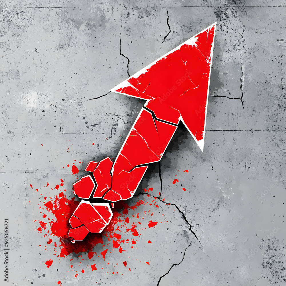 Red arrow pointing upward, breaking through concrete and splattered ...