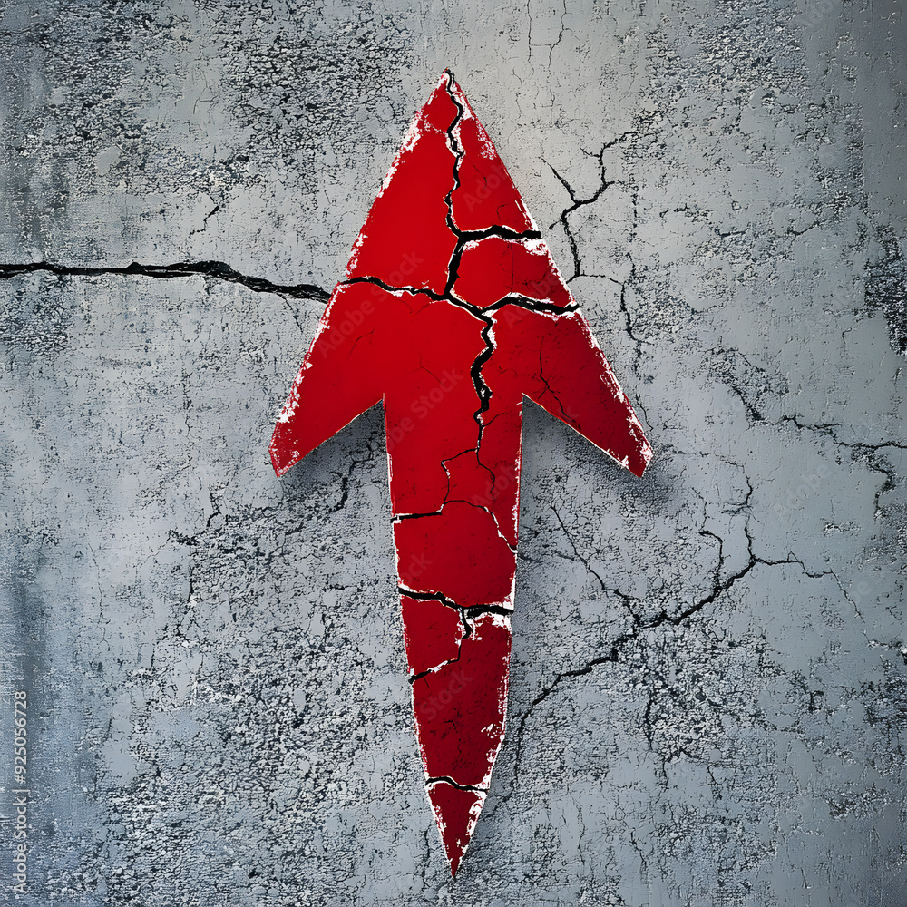 Red arrow pointing upward, breaking through concrete and splattered ...