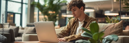 A man sitting on a couch working on a laptop in a stylish indoor space, blending modern technology and comfortable work environment. photo