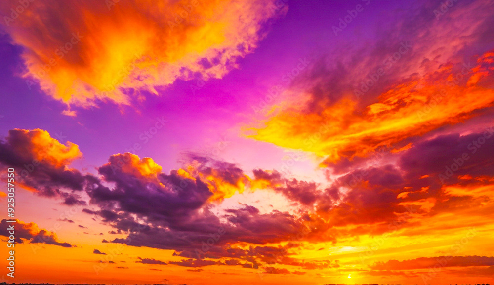 Obraz premium A stunning sky ablaze with vivid hues of orange, purple, and yellow, capturing the dramatic beauty of a sunset as the colors streak across the horizon.