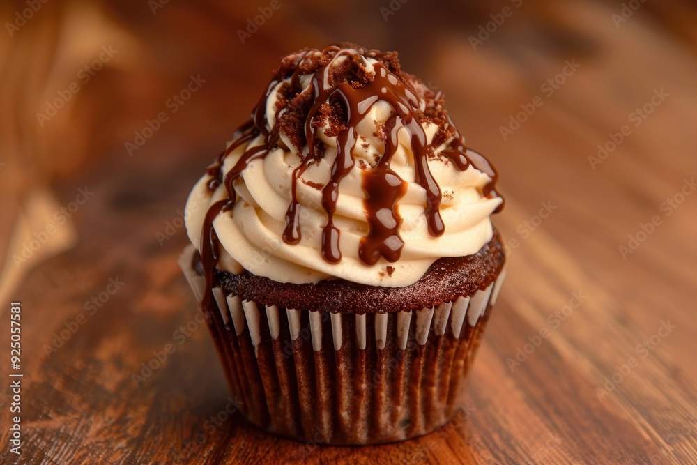Chocolate cupcake with vanilla frosting drizzled in chocolate sauce and topped with chocolate shavings Chocolate cupcake with vanilla frosting drizzled in chocolate sauce and topped with chocolate shavings