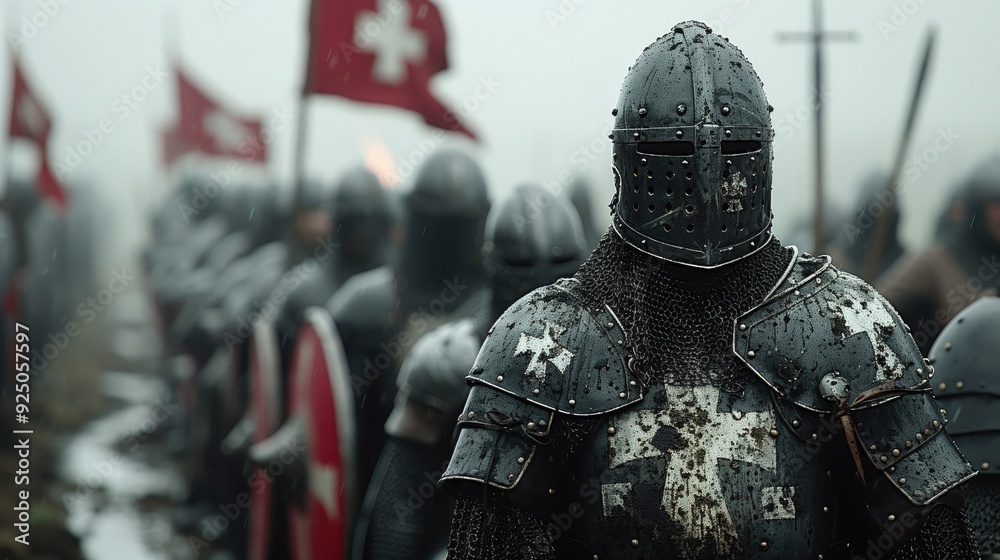 Templar knights in full armor with medieval weapons standing in formation on a foggy battlefield. Concepts of history, warfare, and medieval times. Templar knights in full armor with medieval weapons standing in formation on a foggy battlefield. Concepts of history, warfare, and medieval times.