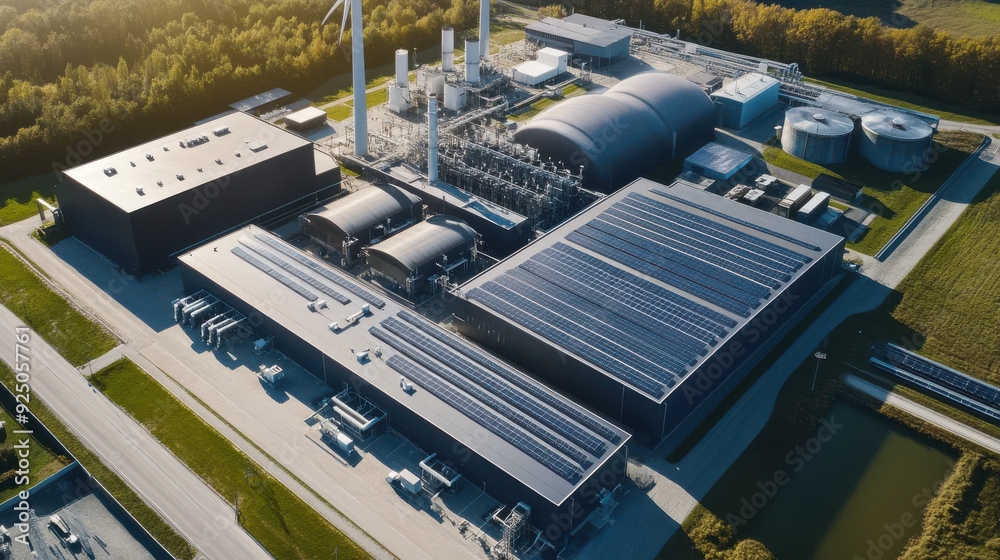 Aerial view of a modern power plant with solar panels and wind turbines, symbolizing renewable energy Aerial view of a modern power plant with solar panels and wind turbines, symbolizing renewable energy