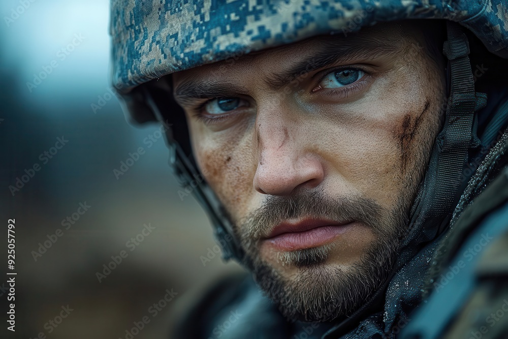 determined ukrainian soldier intense gaze camouflage uniform helmet dusky twilight sky patriotic symbolism subtly incorporated determined ukrainian soldier intense gaze camouflage uniform helmet dusky twilight sky patriotic symbolism subtly incorporated