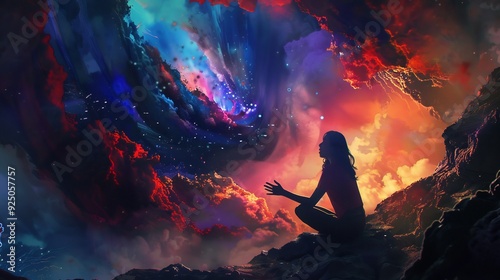 Silhouette of a Woman Gazing at a Cosmic Vortex