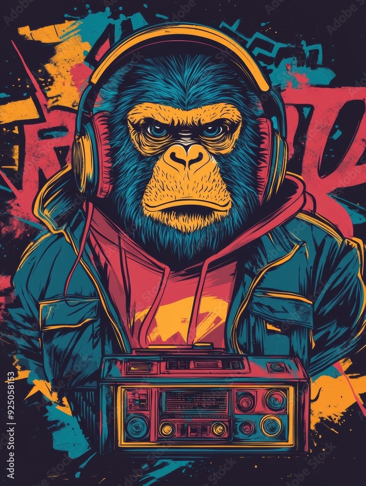 Obraz premium Retro Hip-Hop Ape. Boombox Beats and Graffiti Streets
