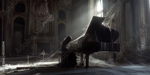 Ghostly figure seated at a grand piano in a deserted ballroom, with cobwebs and decaying decorations enhancing the eerie atmosphere. photo