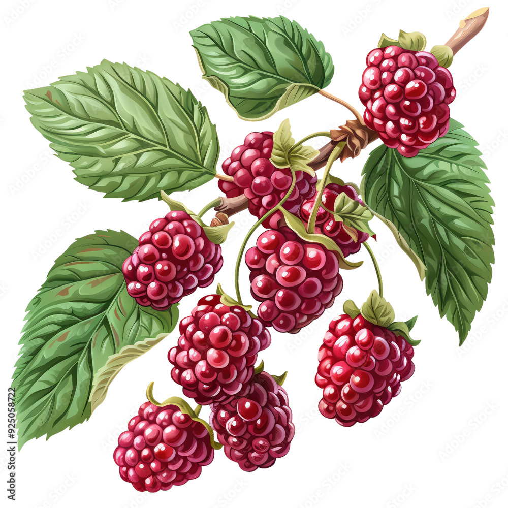 Vibrant illustration of ripe raspberries on a branch with lush green leaves, perfect for food-related themes and healthy eating. Vibrant illustration of ripe raspberries on a branch with lush green leaves, perfect for food-related themes and healthy eating.