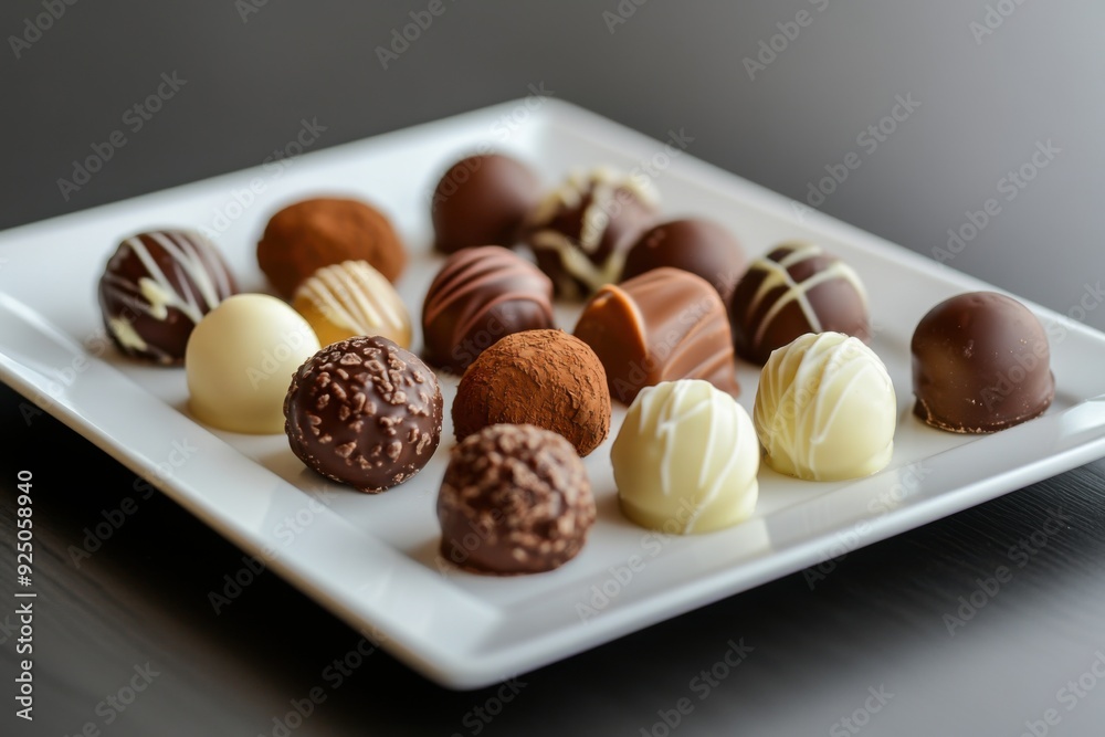 Artistic arrangement of assorted chocolate truffles on a white plate Artistic arrangement of assorted chocolate truffles on a white plate