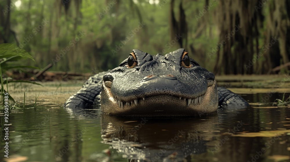 Fototapeta premium An alligator resting on the banks of a swamp, with its eyes and nostrils barely above the water, depicting the stealthy nature of reptiles.