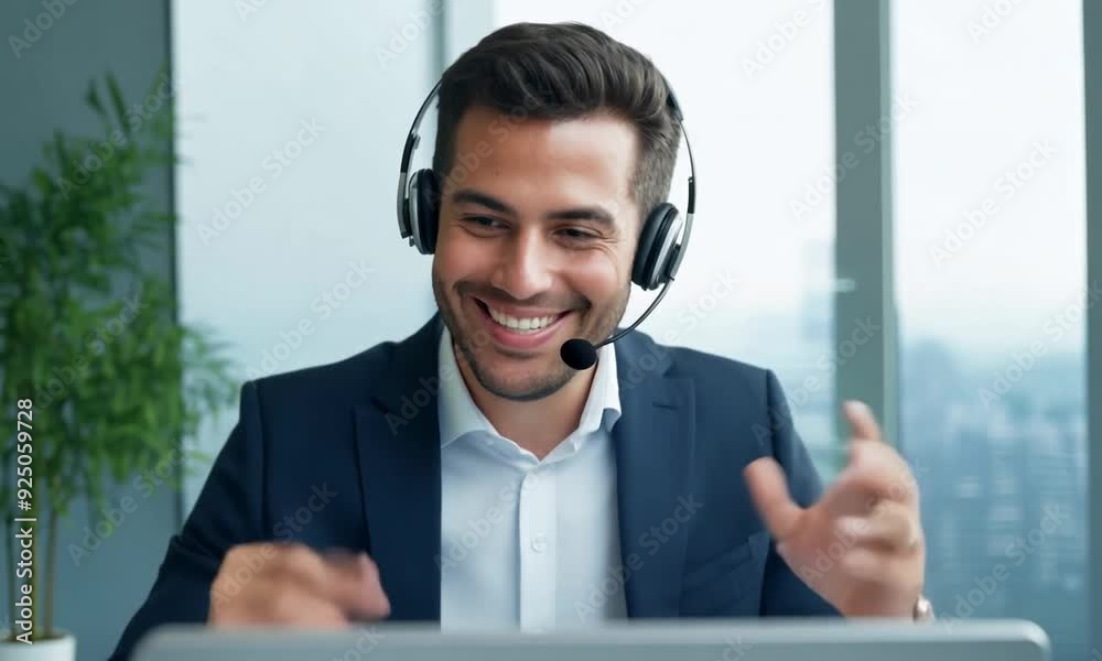 Businessman, call center and face consulting with headphones on computer for customer service or support. Happy male consultant agent with smile talking on PC headset for online advice at workplace