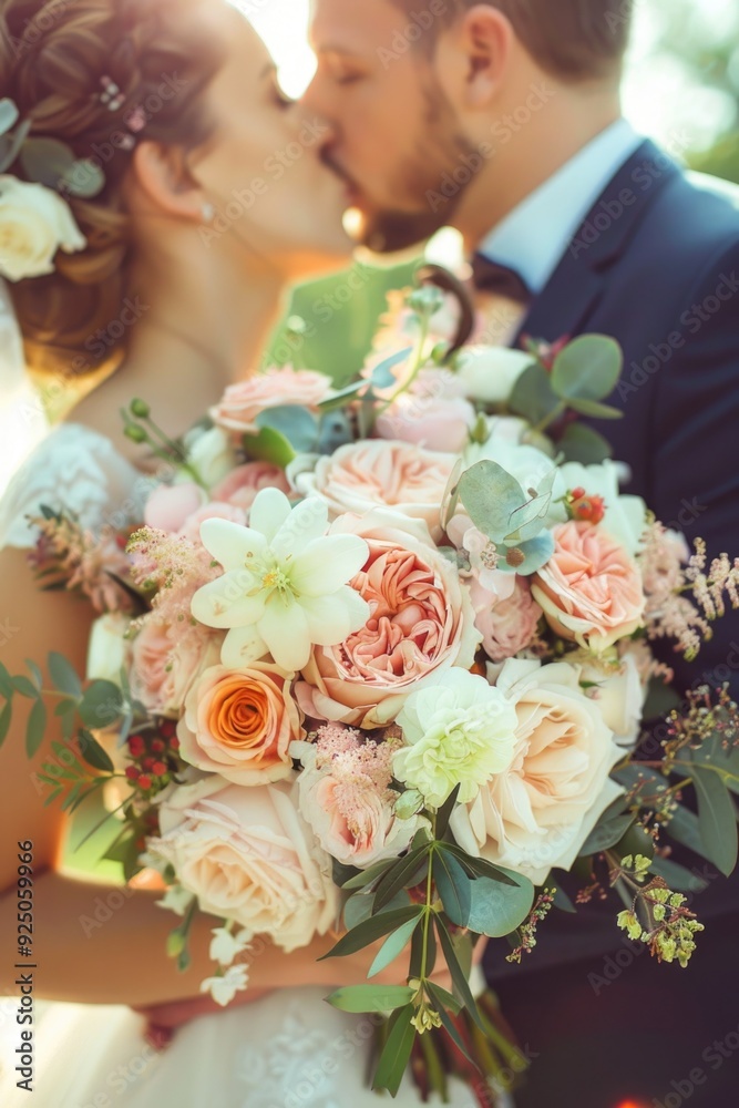 Wedded couple sharing a romantic kiss, the bride with a floral bouquet and the groom in formal attire. Wedded couple sharing a romantic kiss, the bride with a floral bouquet and the groom in formal attire.