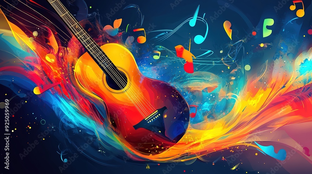 Fototapeta premium Abstract music background with musical notes and Colorful guitar,Musical Fusion background