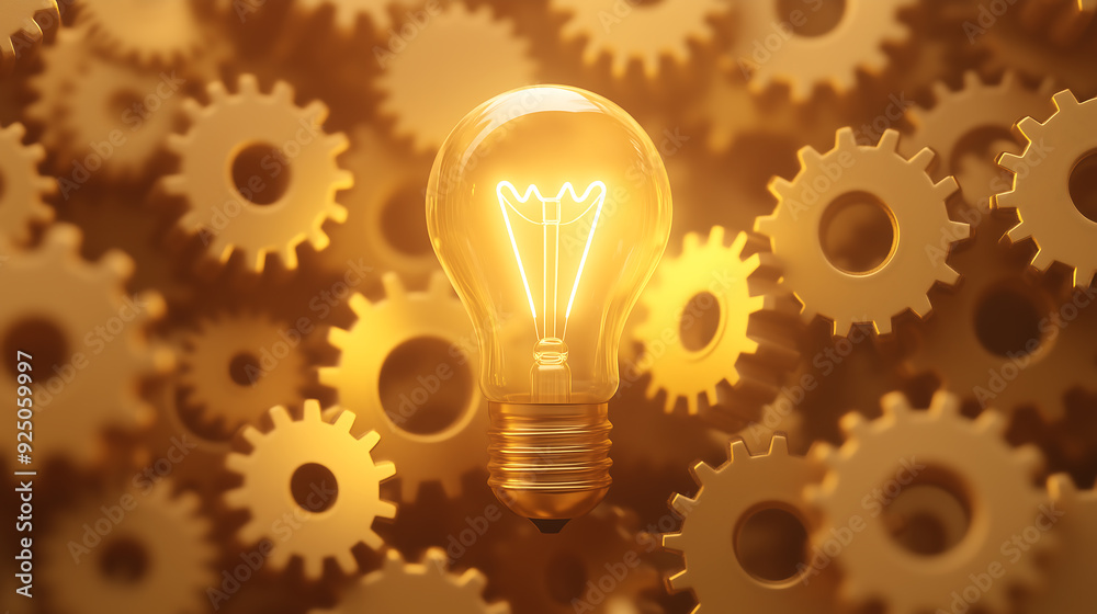 Glowing light bulb surrounded by golden gears Glowing light bulb surrounded by golden gears