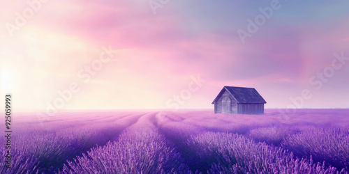 Serene Lavender Field at Sunset with Rustic Wooden Hut photo