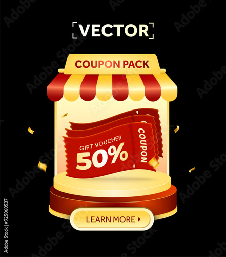 3d coupons on a podium, in a booth or kiosk with CTA button, coupon code, percentage off, isolated on dark background. Special black Friday shopping sale off with gift voucher banner. 3d vector