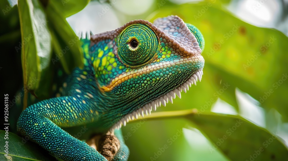 Fototapeta premium Close-up of a chameleon with its eyes moving independently, perched on a branch, showcasing its unique camouflage abilities.