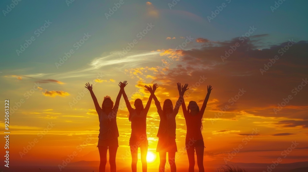 A joyful group of friends embraces the sunset, raising their hands in celebration against a backdrop of radiant colors A joyful group of friends embraces the sunset, raising their hands in celebration against a backdrop of radiant colors