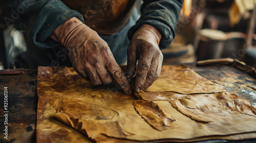 Artisan applying natural dyes to leather, focusing on sustainability and tradition