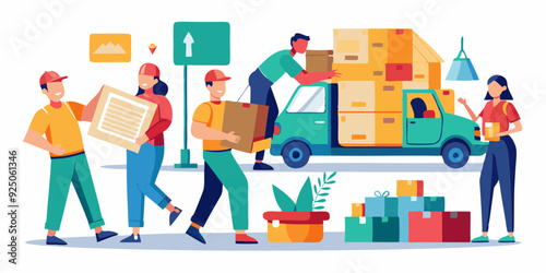 Movers and delivery workers carrying boxes and furniture. Moving house, people packing things into boxes
