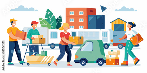 Movers and delivery workers carrying boxes and furniture. Moving house, people packing things into boxes

