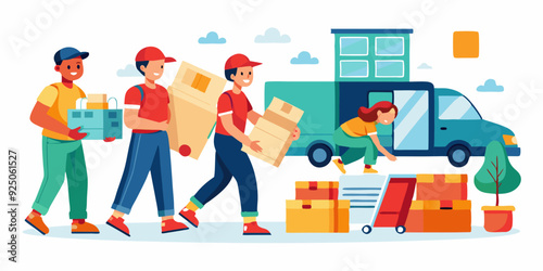 Movers and delivery workers carrying boxes and furniture. Moving house, people packing things into boxes
