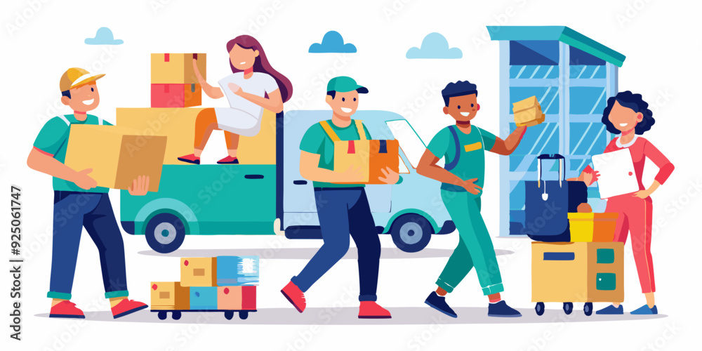 Movers and delivery workers carrying boxes and furniture. Moving house, people packing things into boxes
Movers and delivery workers carrying boxes and furniture. Moving house, people packing things into boxes