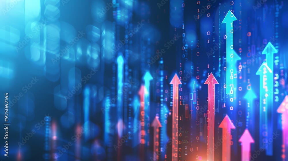 Stock market success and growth concept. Glowing blue and pink arrows pointing up as a symbol of financial success. Business chart or technology graph. Glowing diagram. Stock market success and growth concept. Glowing blue and pink arrows pointing up as a symbol of financial success. Business chart or technology graph. Glowing diagram.
