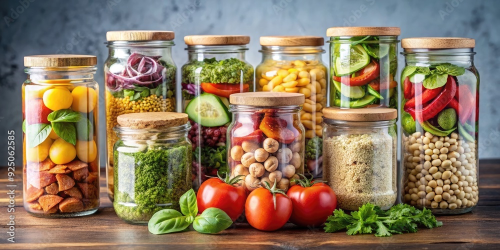 Glass containers with wooden lids filled with a variety of healthy food items , health, nutrition, ingredients, kitchen