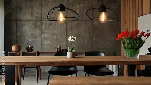 Wallpaper Mural Modern dining room with concrete wall, wood table, and black chairs Torontodigital.ca