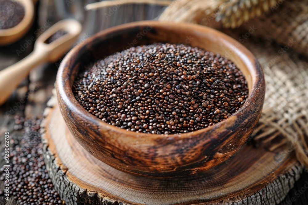 Close-up of brown sesame seeds in a wooden bowl on a table. A healthy, natural ingredient. Close-up of brown sesame seeds in a wooden bowl on a table. A healthy, natural ingredient.