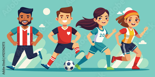 Set of soccer player characters. Men and women in sportswear playing football on an isolated background
