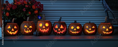 A row of carved Halloween pumpkins glowing warmly on a porch, showcasing festive designs and vibrant autumn colors.