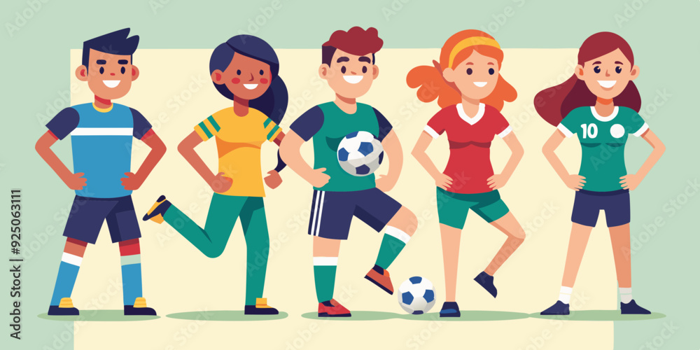 Set of soccer player characters. Men and women in sportswear playing football on an isolated background
Set of soccer player characters. Men and women in sportswear playing football on an isolated background