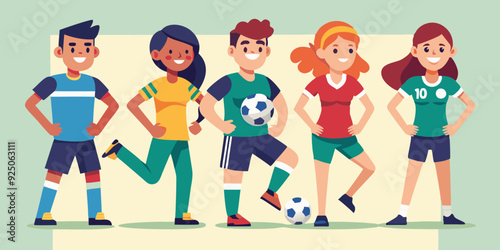 Set of soccer player characters. Men and women in sportswear playing football on an isolated background
