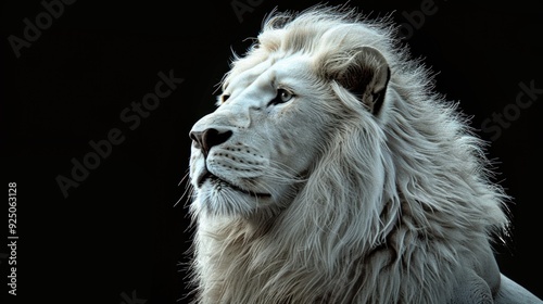 Striking head of a lion against black background, profile view.