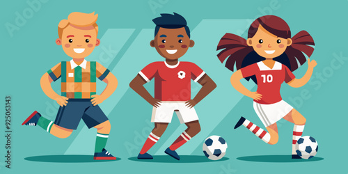 Set of soccer player characters. Men and women in sportswear playing football on an isolated background
