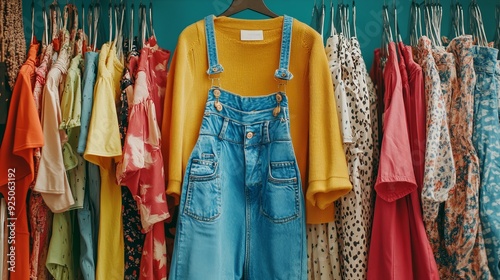 Second hand wardrobe idea. Circular fashion, eco friendly sustainable shopping, thrifting shop concept. Woman outfit