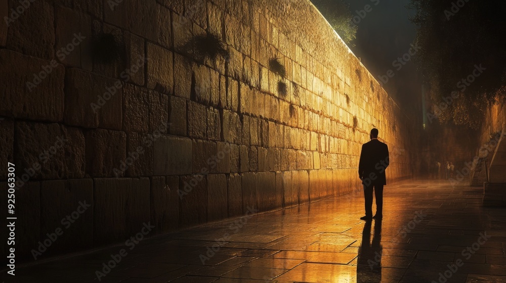 Naklejka premium A Jewish man stands still beside the Western Wall, embracing the tranquility of the evening as soft light illuminates the historic stones