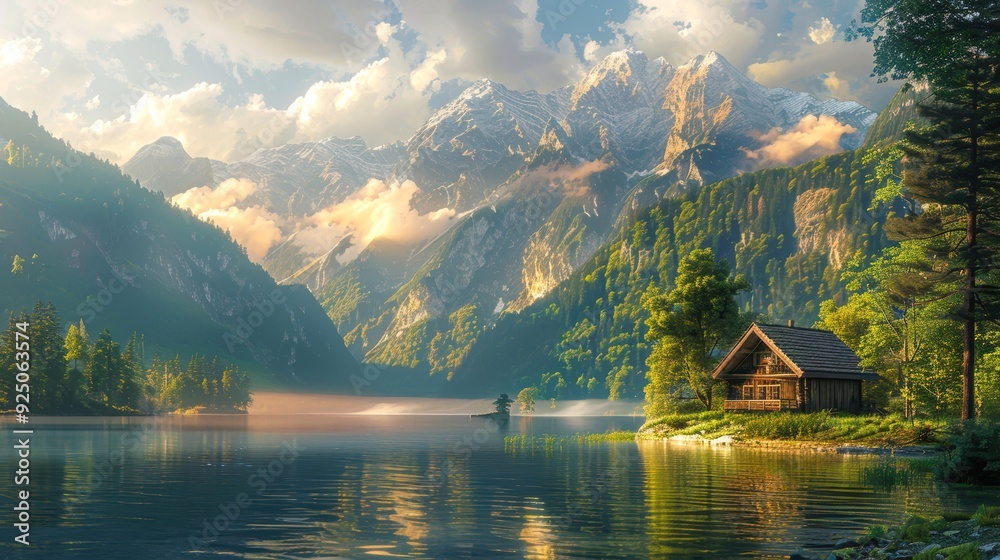 A serene mountain landscape with a cozy wooden cabin by a calm lake, surrounded by lush forests and towering snow-capped peaks, perfect for themes of nature, tranquility, and retreat,