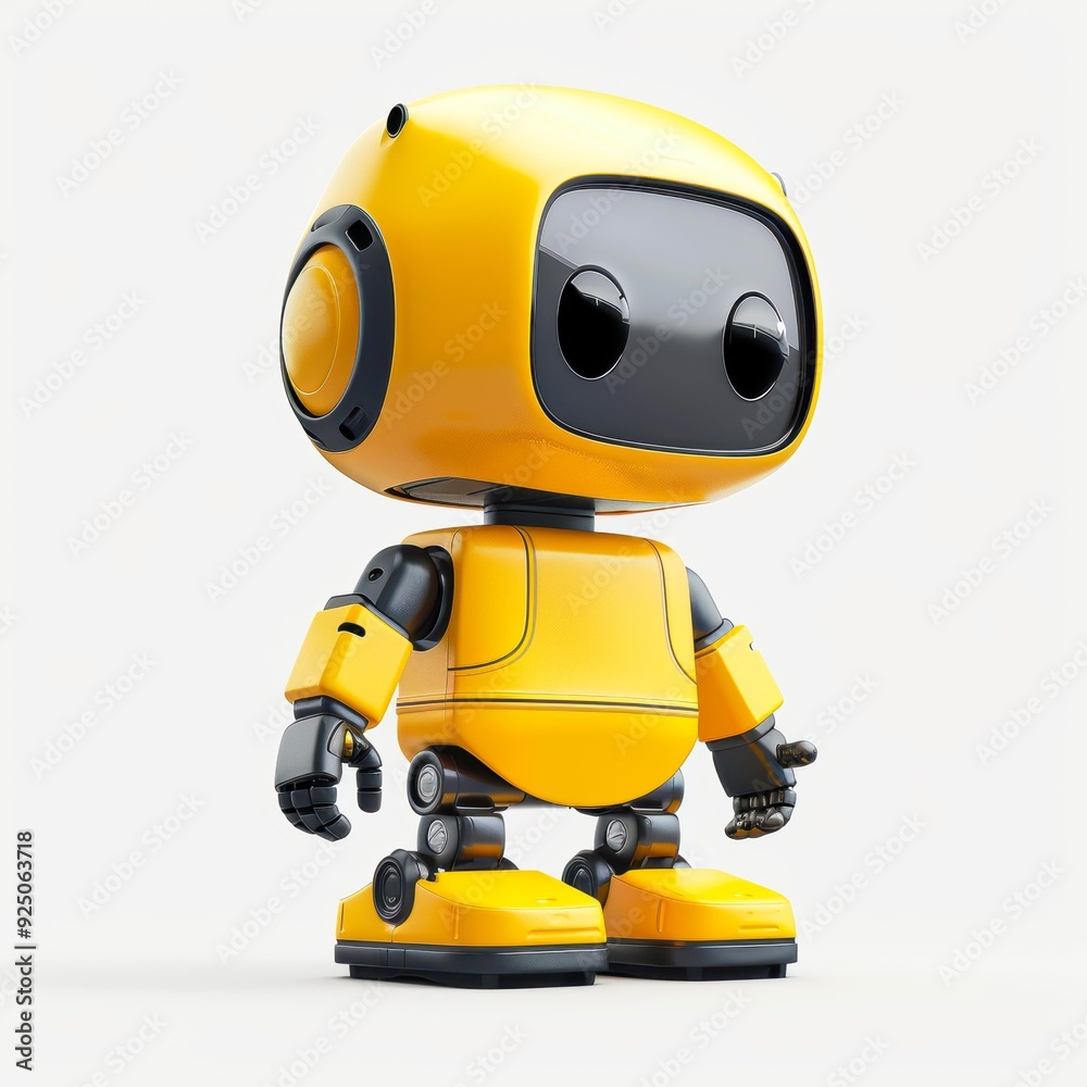 A cute yellow robot with large black eyes stands on a white background, suitable for technology, innovation, education, and robotics-themed projects A cute yellow robot with large black eyes stands on a white background, suitable for technology, innovation, education, and robotics-themed projects