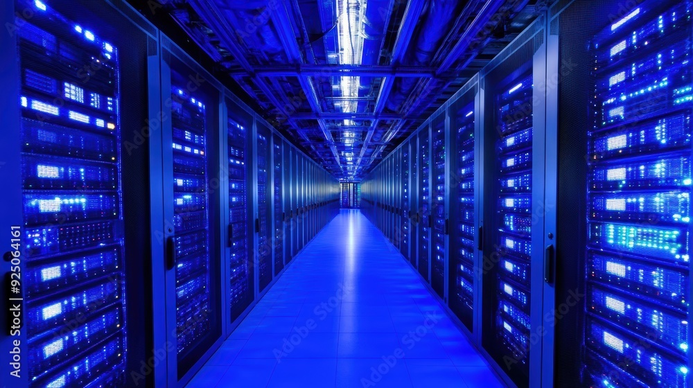 Illuminated Rows of Server Racks in Modern Data Center with Blue LED Lights Illuminated Rows of Server Racks in Modern Data Center with Blue LED Lights