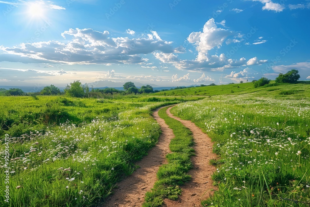 Winding dirt path through lush green field dotted with wildflowers, under bright blue sky with scattered clouds, landscape features rolling hills distant mountains, tranquility beauty countryside. Winding dirt path through lush green field dotted with wildflowers, under bright blue sky with scattered clouds, landscape features rolling hills distant mountains, tranquility beauty countryside.