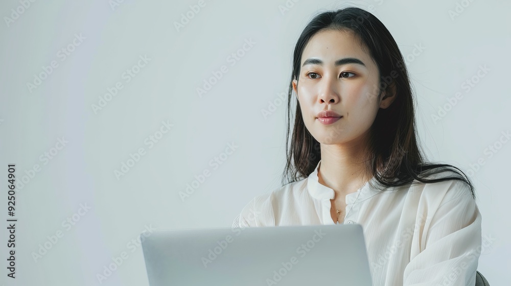 Asian girl with long hair, wearing a black shirt, sitting working on a laptop, image is taken in minimalist studio setting with a pure white backdrop, showing a focused and serious expression. Asian girl with long hair, wearing a black shirt, sitting working on a laptop, image is taken in minimalist studio setting with a pure white backdrop, showing a focused and serious expression.