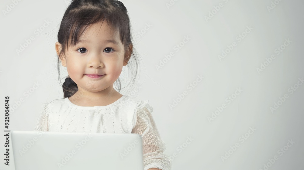 Asian toddler girl with ponytail, wearing white dress, smiling while using laptop. image is taken in minimalist studio setting with pure white backdrop, showing a cheerful, happy expression. Asian toddler girl with ponytail, wearing white dress, smiling while using laptop. image is taken in minimalist studio setting with pure white backdrop, showing a cheerful, happy expression.