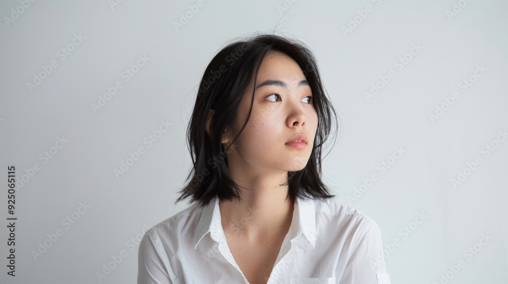 Asian woman in a minimalist studio setting, looking side, pure white backdrop and soft natural light, contemplative expression and sleek black hair, creating modern, serene atmosphere. Asian woman in a minimalist studio setting, looking side, pure white backdrop and soft natural light, contemplative expression and sleek black hair, creating modern, serene atmosphere.