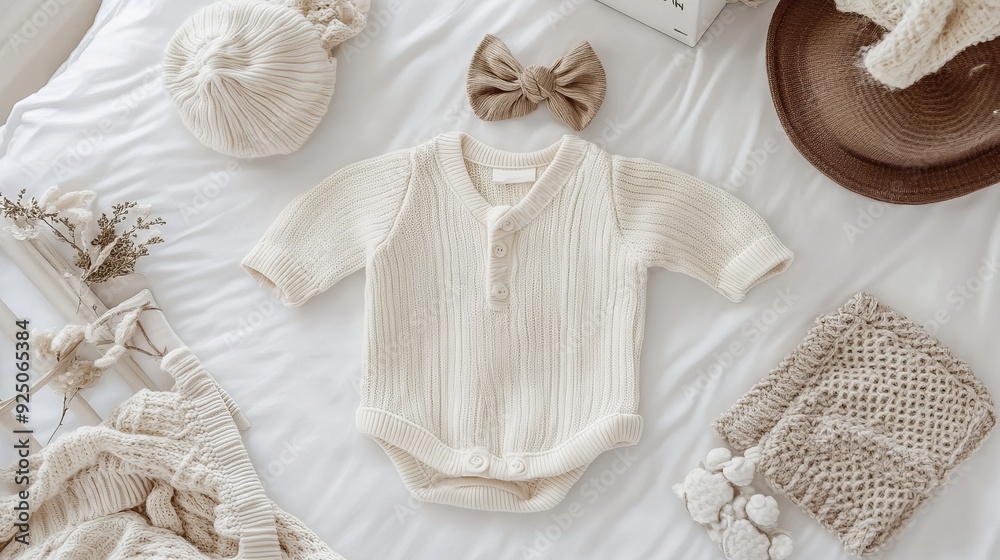 Set of baby rompers, hat, hairband and knitted jumper on white bed. Fashion baby clothes and accessories. Flat lay, top view Set of baby rompers, hat, hairband and knitted jumper on white bed. Fashion baby clothes and accessories. Flat lay, top view
