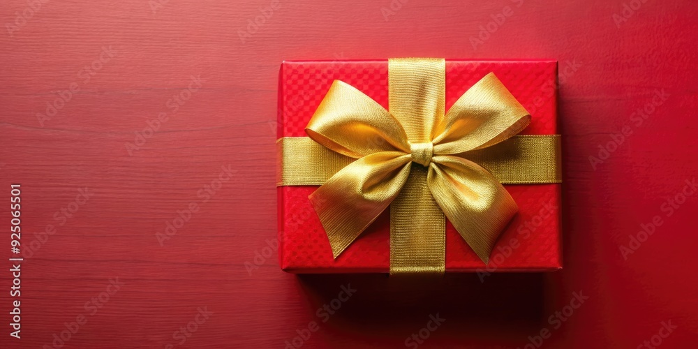 Top view of a red and gold gift box with a bow , present, surprise, celebration, holiday, festive, wrapping, ribbon Top view of a red and gold gift box with a bow , present, surprise, celebration, holiday, festive, wrapping, ribbon